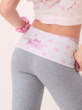 NWT PINK x LoveShackFancy Cotton Foldover Flare Leggings in heather gray sz MEDI